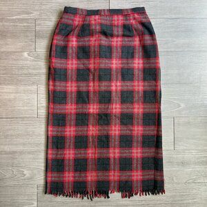 Vtg 80s Nouveaux Holiday Plaid Midi Blanket Skirt Fringe Hem Wool Blend Size 10